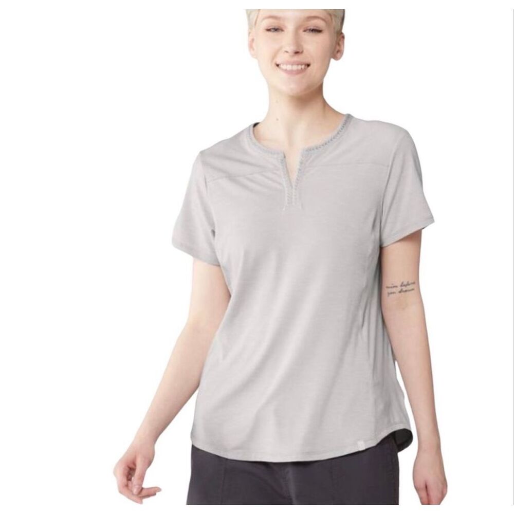 KUHL Women’s Cloud Gray Allegro Embroidered Trim V-Neck T-Shirt Medium
